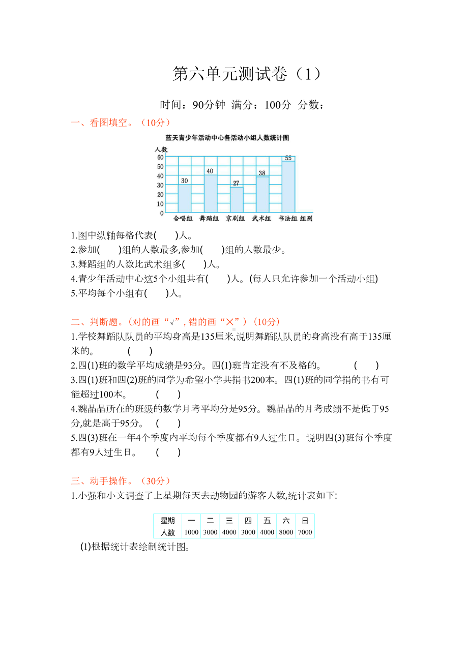 新北师大版小学四年级下册数学第六单元测试卷及答案(DOC 6页).docx_第1页