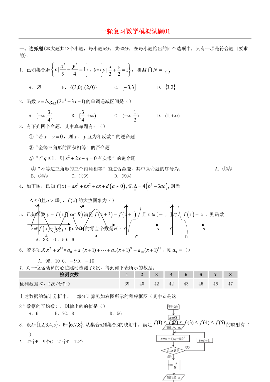 理科数学全国1卷高考模拟试题01(DOC 7页).doc_第1页