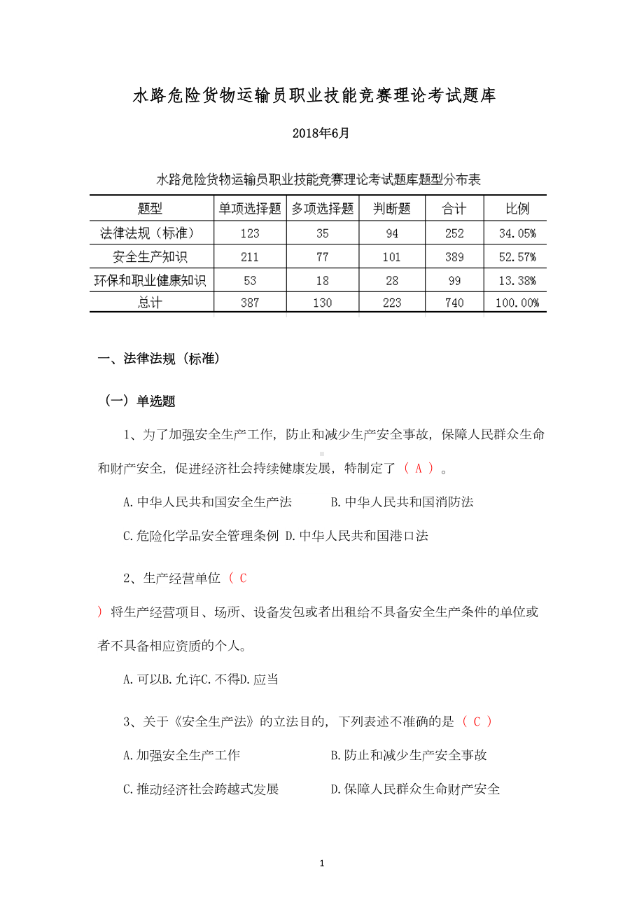 水路危险货物运输员职业技能竞赛理论考试题库(DOC 91页).doc_第1页