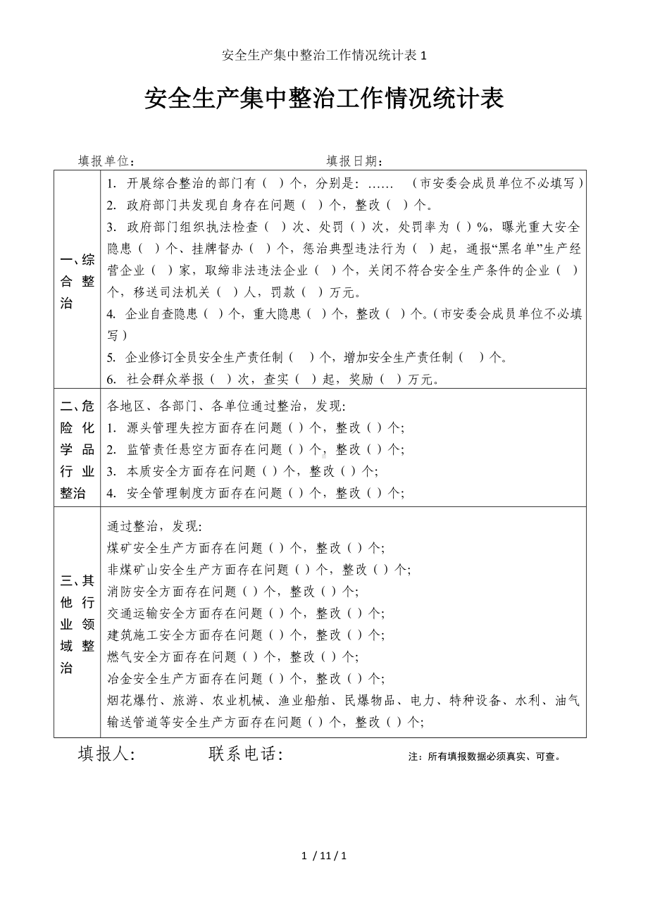 安全生产集中整治工作情况统计表参考模板范本.doc_第1页