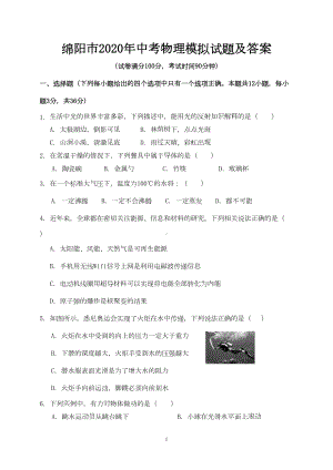 绵阳市2020年中考物理模拟试题及答案(DOC 9页).doc