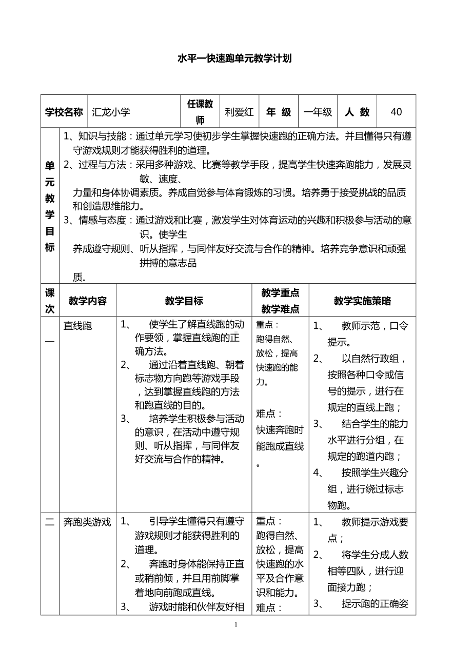 水平一快速跑单元教学计划(DOC 25页).doc_第1页