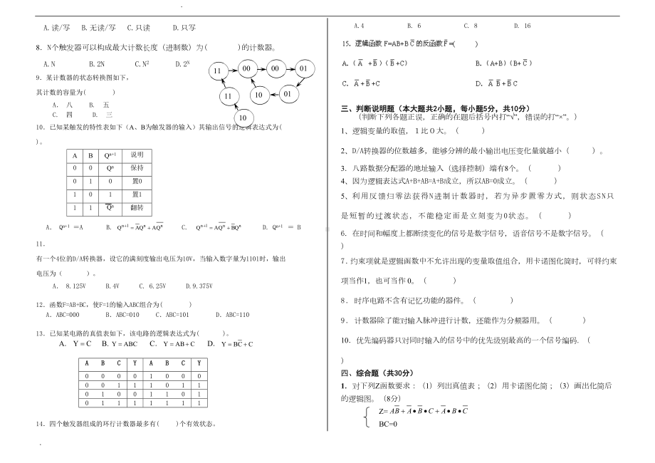 数字电子技术试卷及答案(免费版)(DOC 14页).doc_第2页