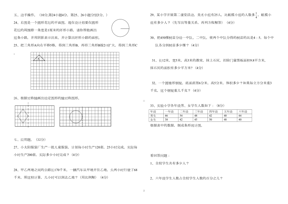 新课标人教版六年级数学下册期末试卷(15套)(DOC 33页).doc_第2页