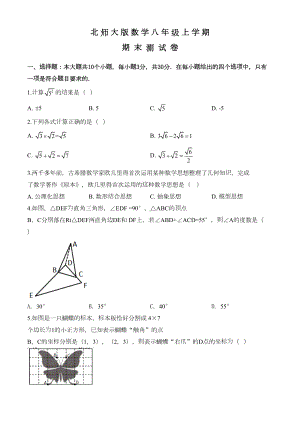 最新北师大版数学八年级上学期《期末考试试题》含答案(DOC 29页).doc