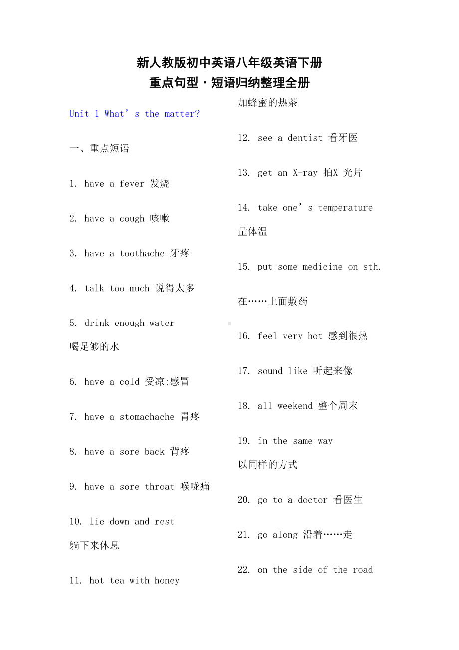 新人教版初中英语八年级英语下册重点句型短语归纳全册(DOC 27页).docx_第1页