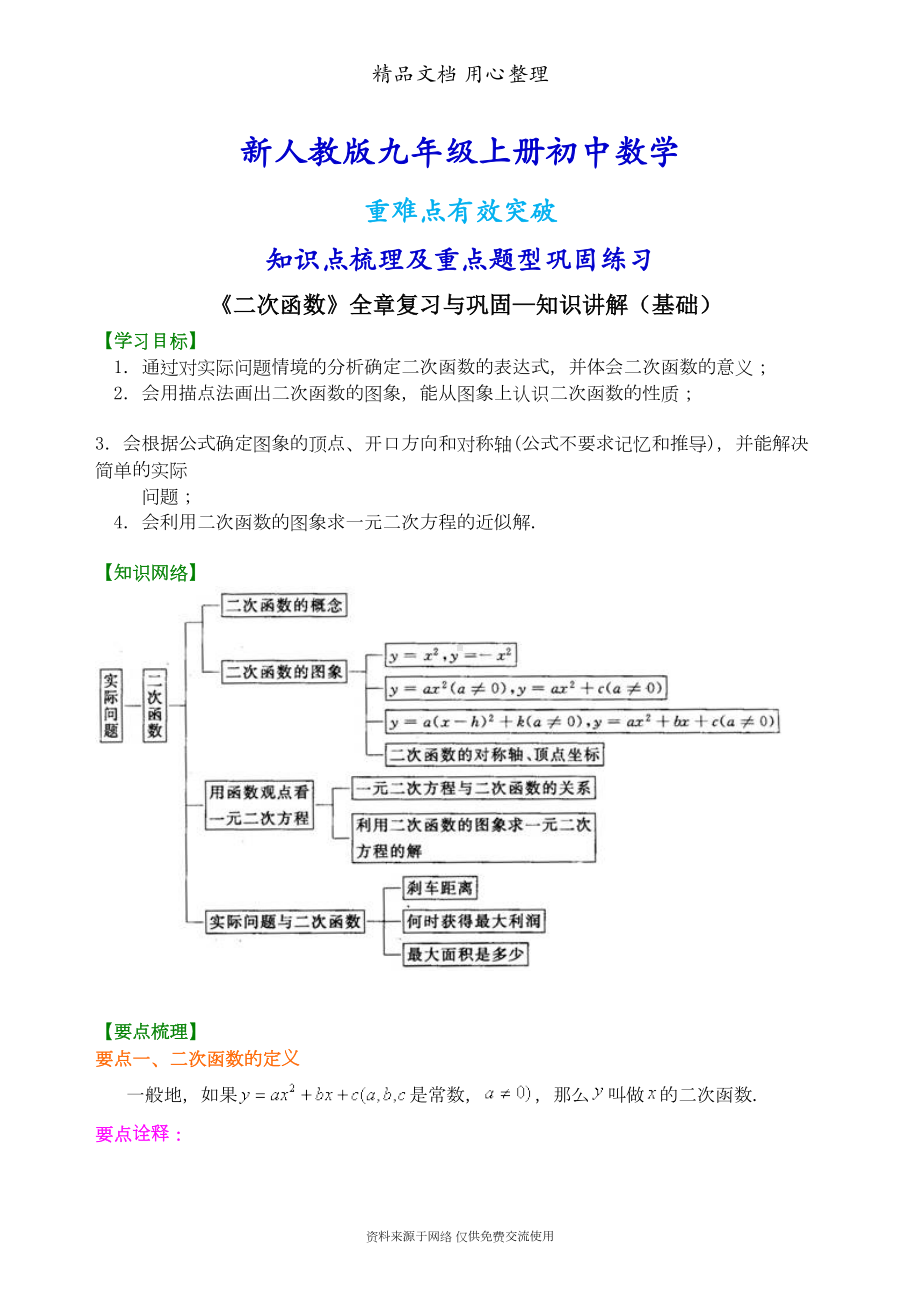 新人教版九年级上册数学[《二次函数》全章复习与巩固—知识点整理及重点题型梳理](基础)(DOC 10页).doc_第1页