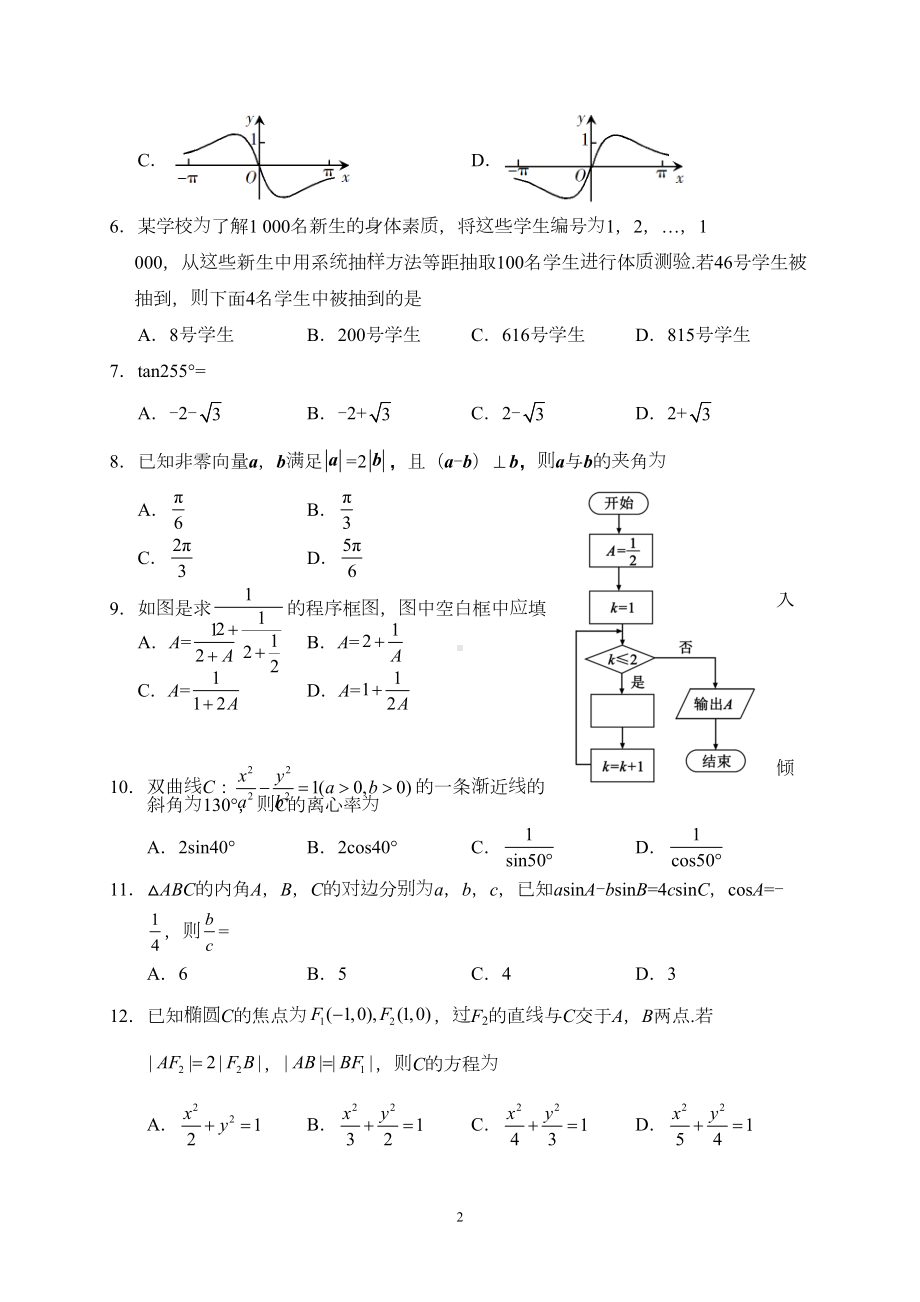 山东省2019年高考文科数学试题及答案(DOC 8页).doc_第2页