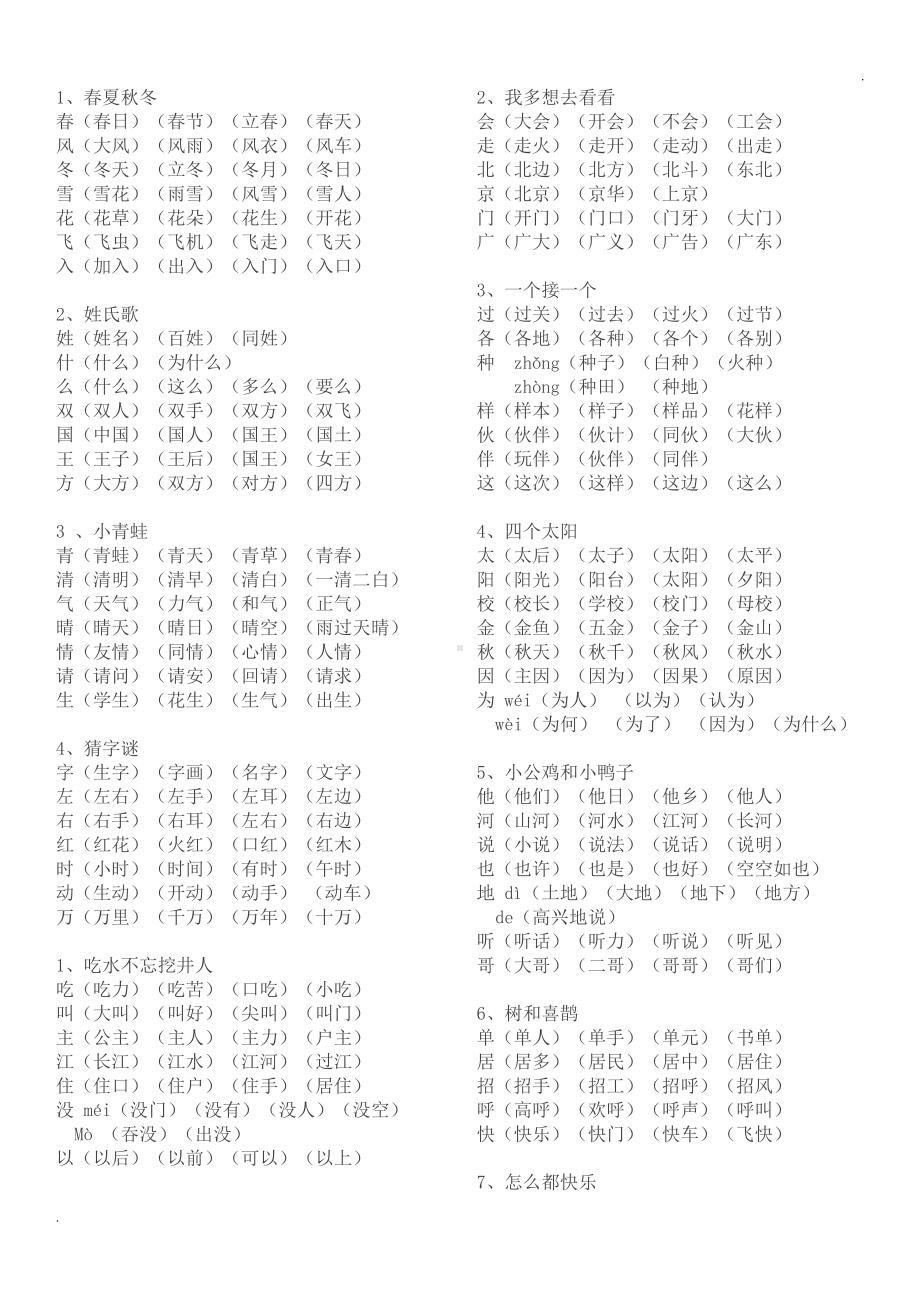 新版部编版一年级下册全册生字组词(打印版)(DOC 9页).doc_第1页