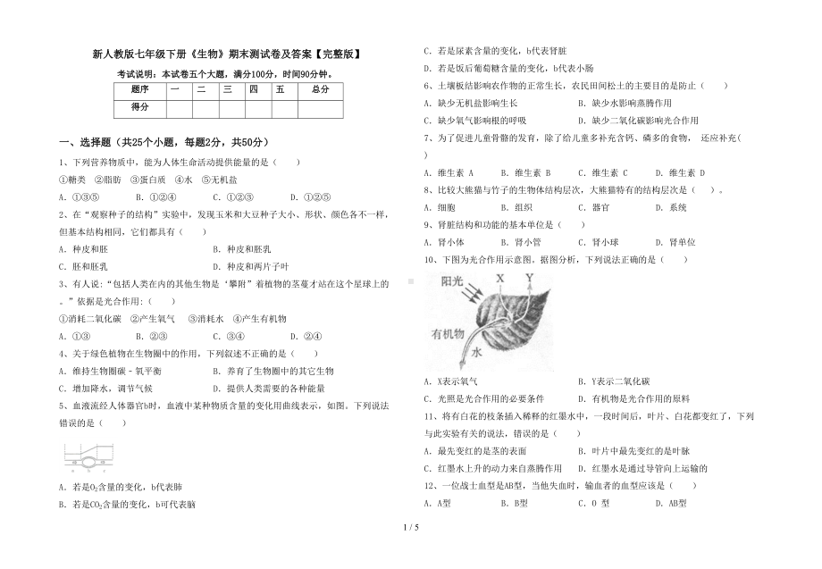 新人教版七年级下册《生物》期末测试卷及答案（完整版）(DOC 5页).doc_第1页