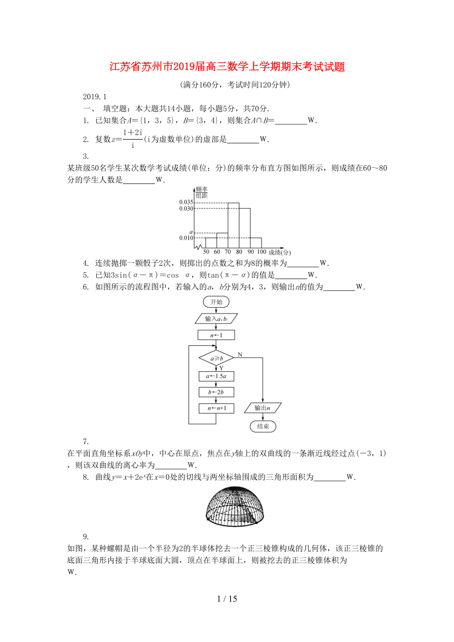 江苏省苏州市2019届高三数学上学期期末考试试题20190220(DOC 15页).doc_第1页