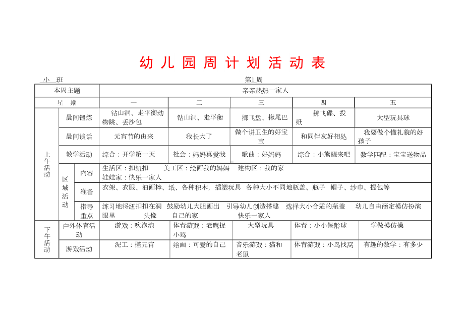 幼儿园周计划活动表(小班)(DOC 16页).doc_第1页