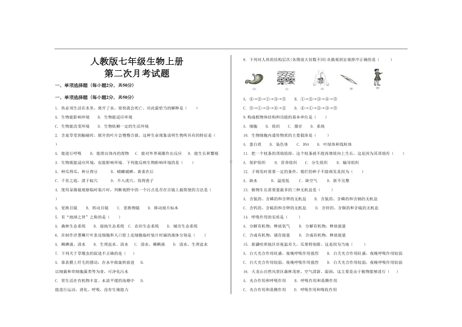 最新人教版七年级生物上册第二次月考试题及参考答案(DOC 9页).doc_第1页