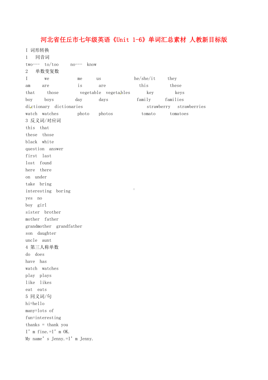 河北省任丘市七年级英语《Unit1-6》单词汇总素材人教新目标版1.doc_第1页