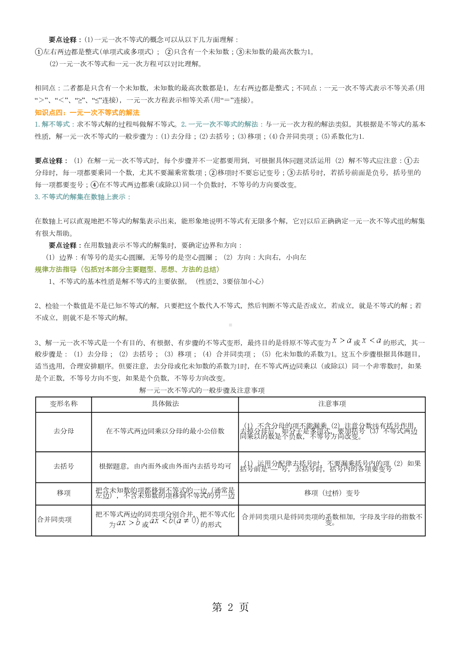 新人教版七年级下册第9章一元一次不等式知识点总结及练习题-无答案(DOC 7页).doc_第2页