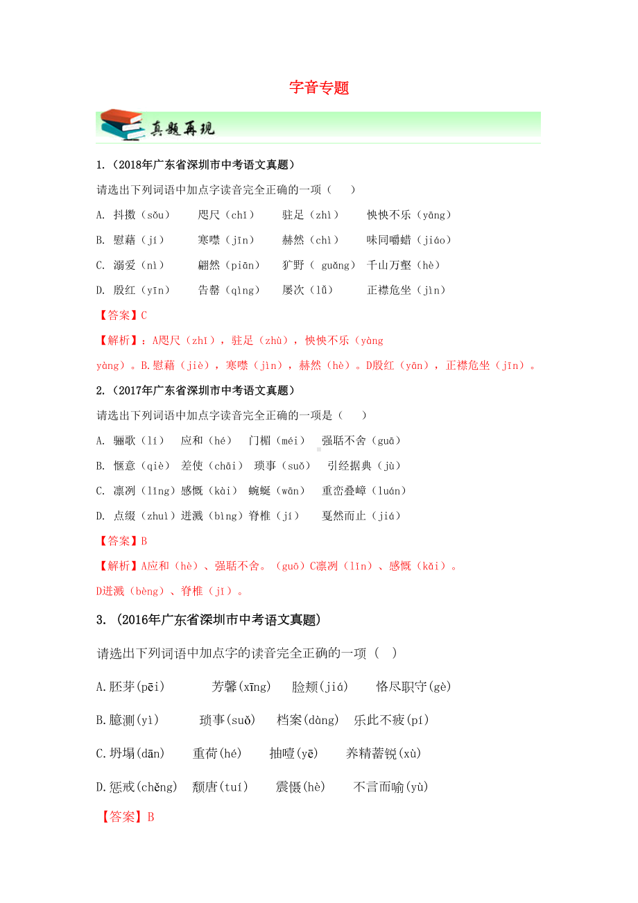 广东省深圳市2019年中考语文专题复习字音专题新人教版(DOC 14页).docx_第1页