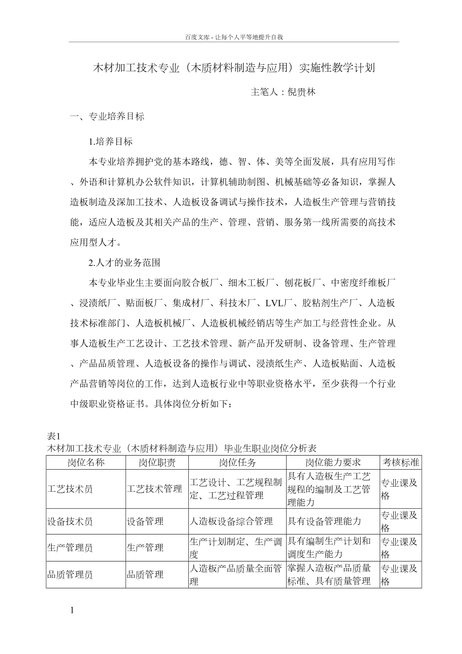 木材加工技术专业(木质材料制造与应用)实施性教学计划(DOC 11页).doc_第1页