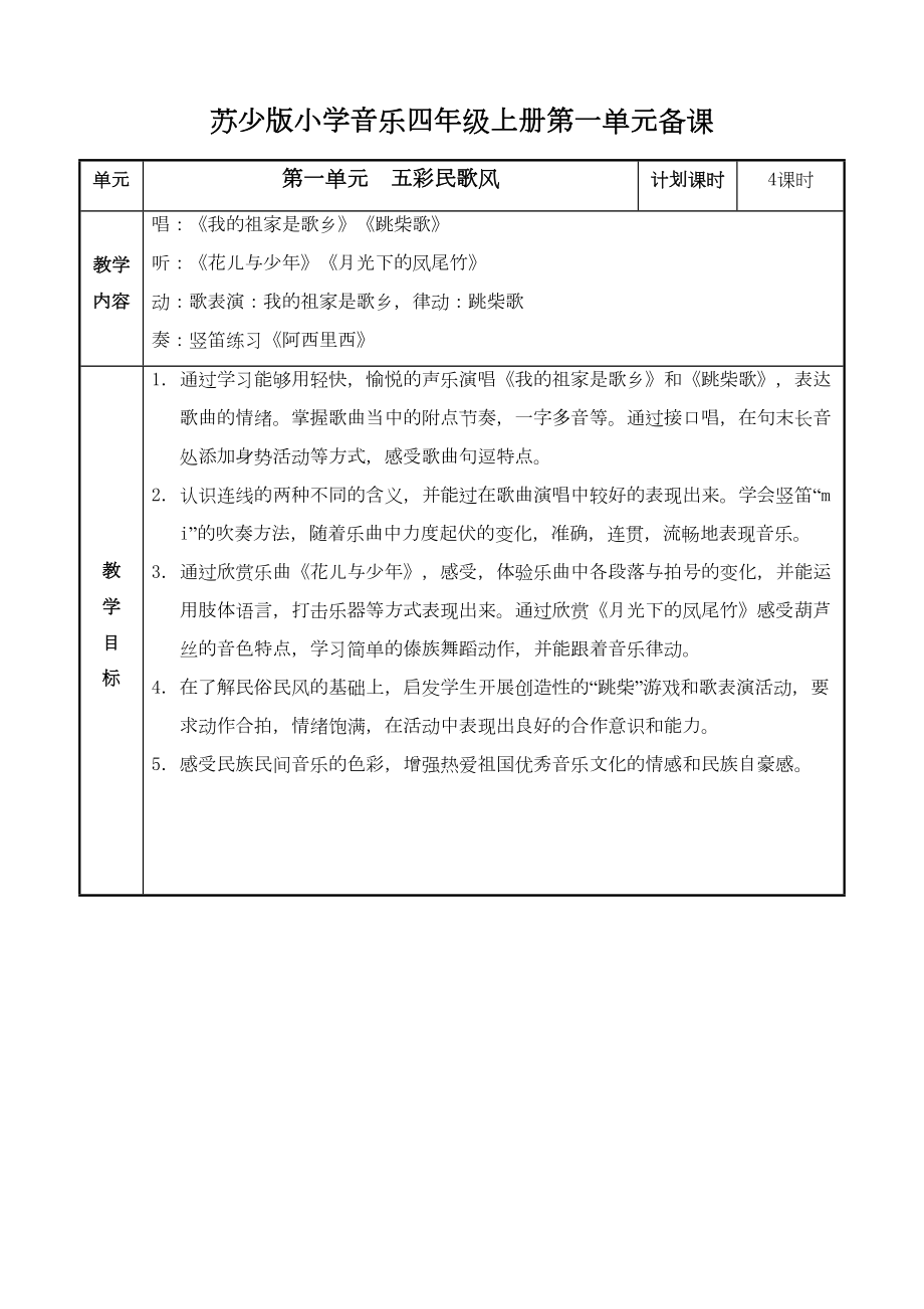 最新苏少版小学音乐四年级上册教案(全册)(DOC 84页).doc_第1页