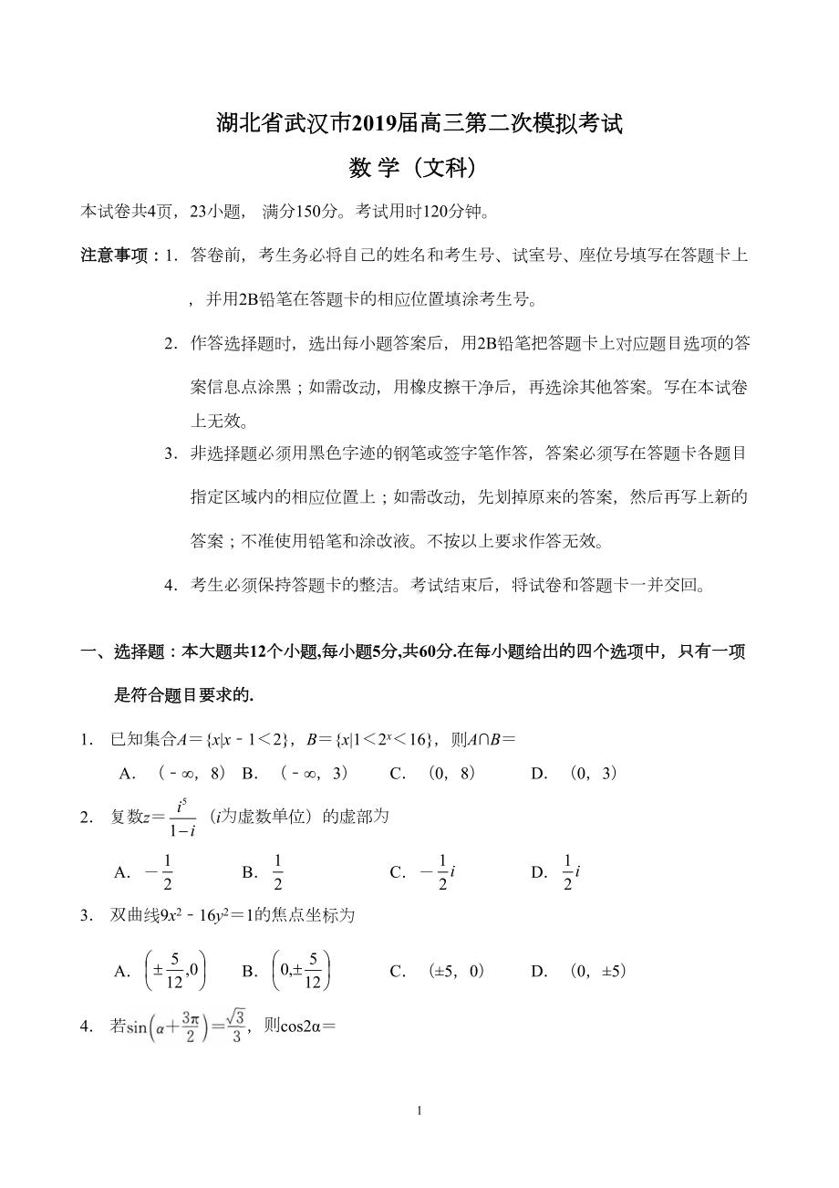 湖北省武汉市2019届高三第二次模拟考试-文科数学试卷(DOC 9页).doc_第1页