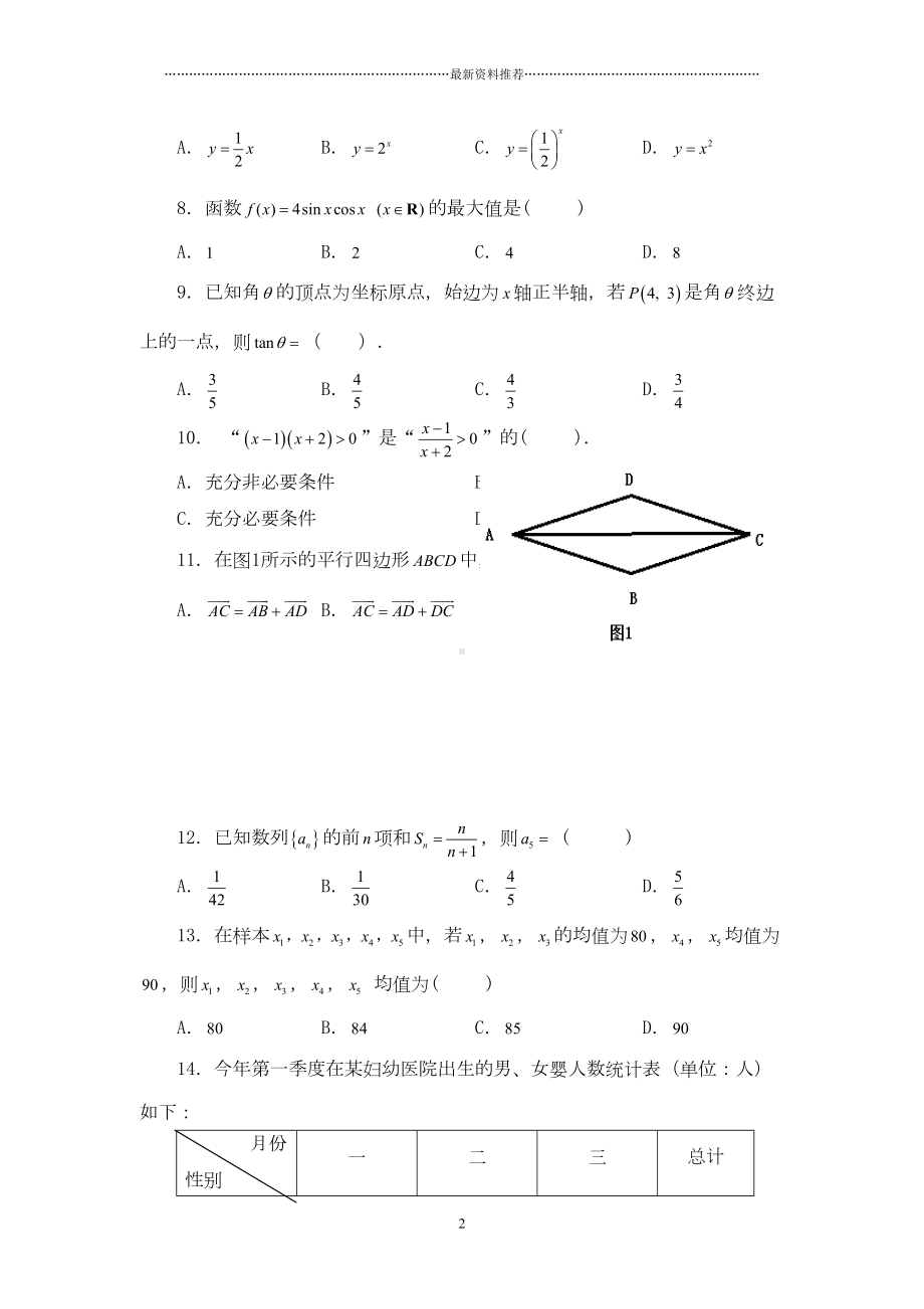 广东省3+证书高职高考数学试卷(真题)及参考答案精编版(DOC 6页).doc_第2页