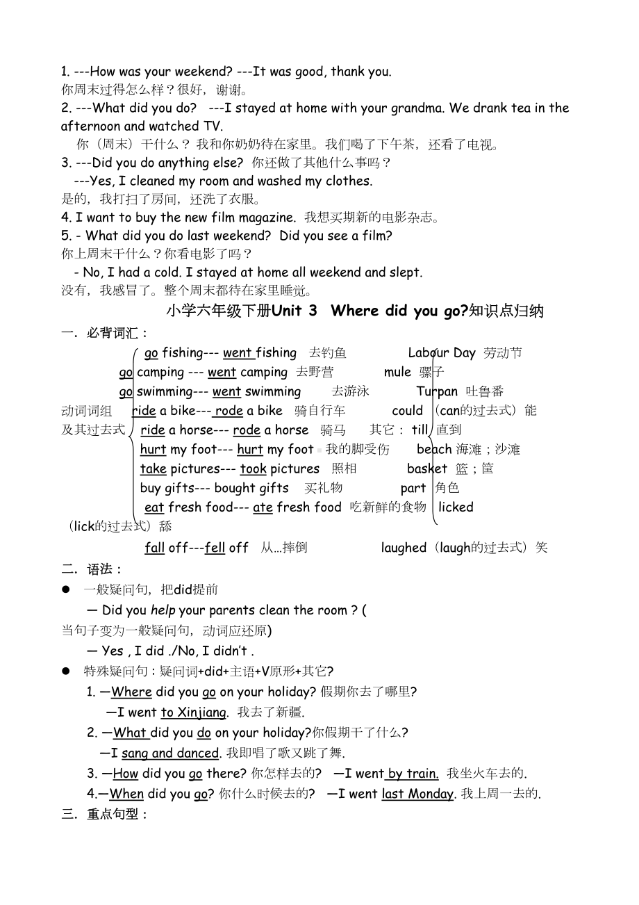 新人教版六年级英语下册第一单元至第四单元知识点归纳(DOC 5页).docx_第3页