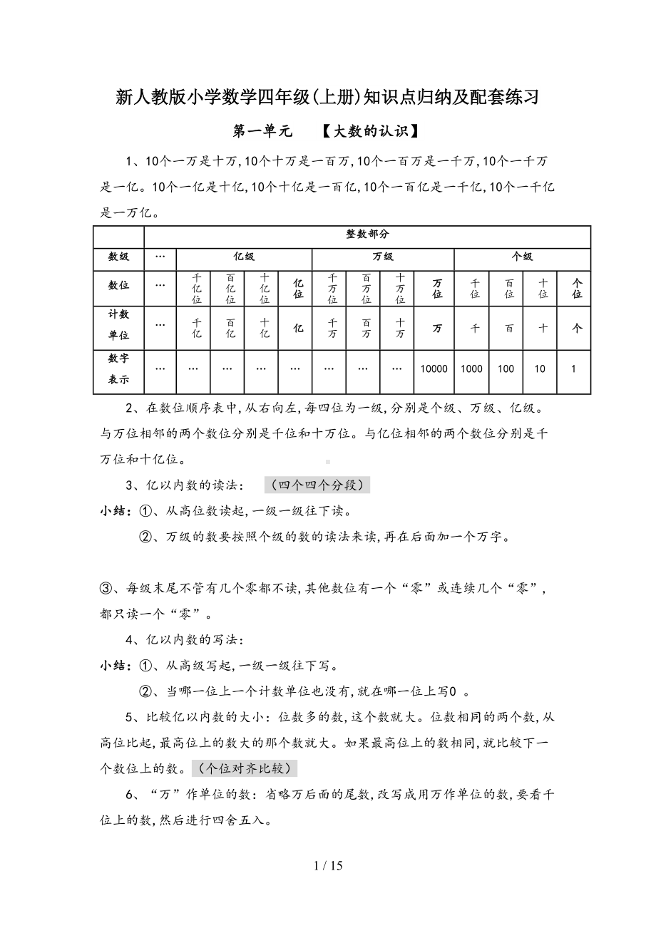 新人教版小学数学四年级(上册)知识点归纳及配套练习(DOC 15页).doc_第1页