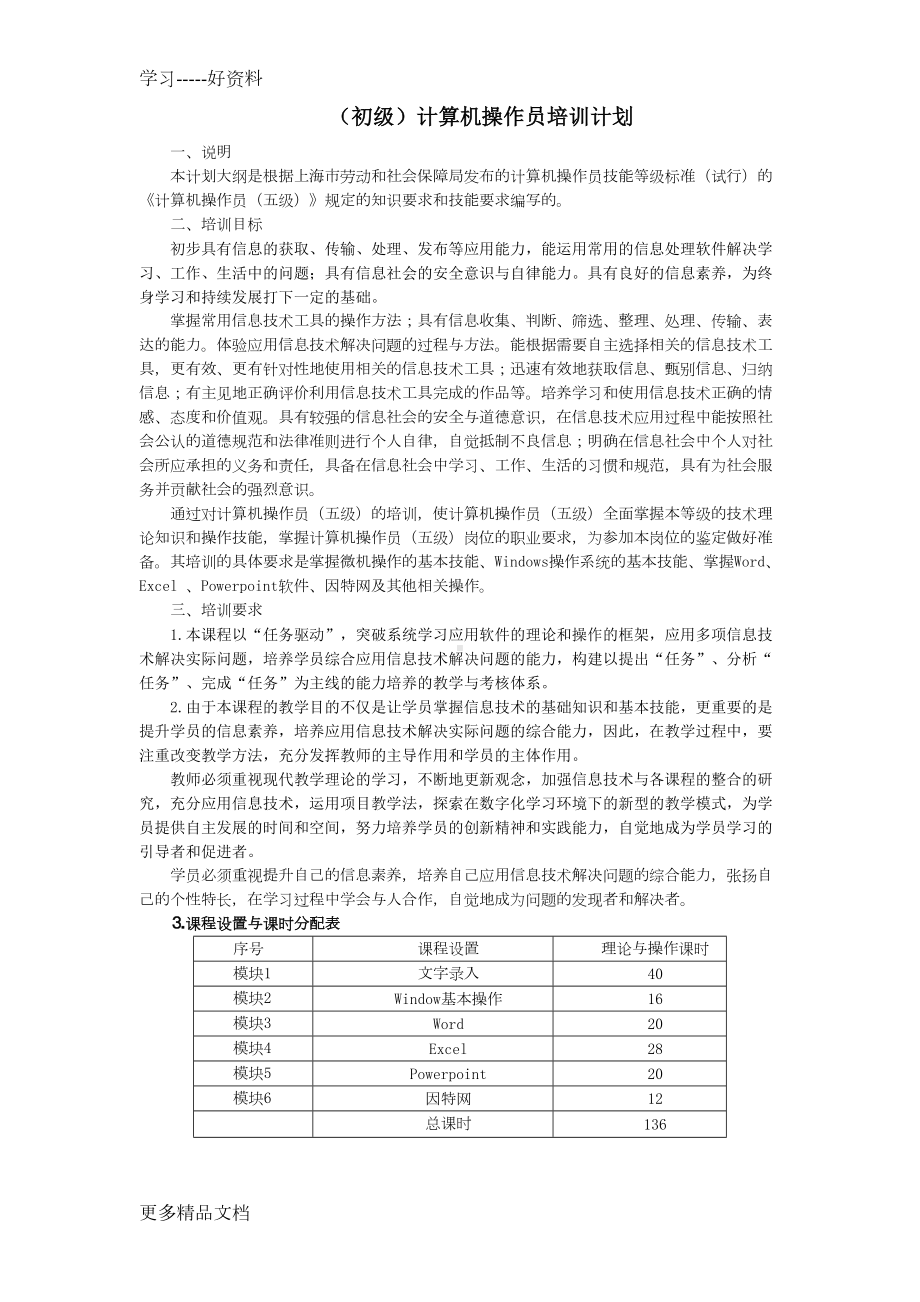 计算机操作员(初级)培训计划及大纲教案资料(DOC 11页).doc_第1页