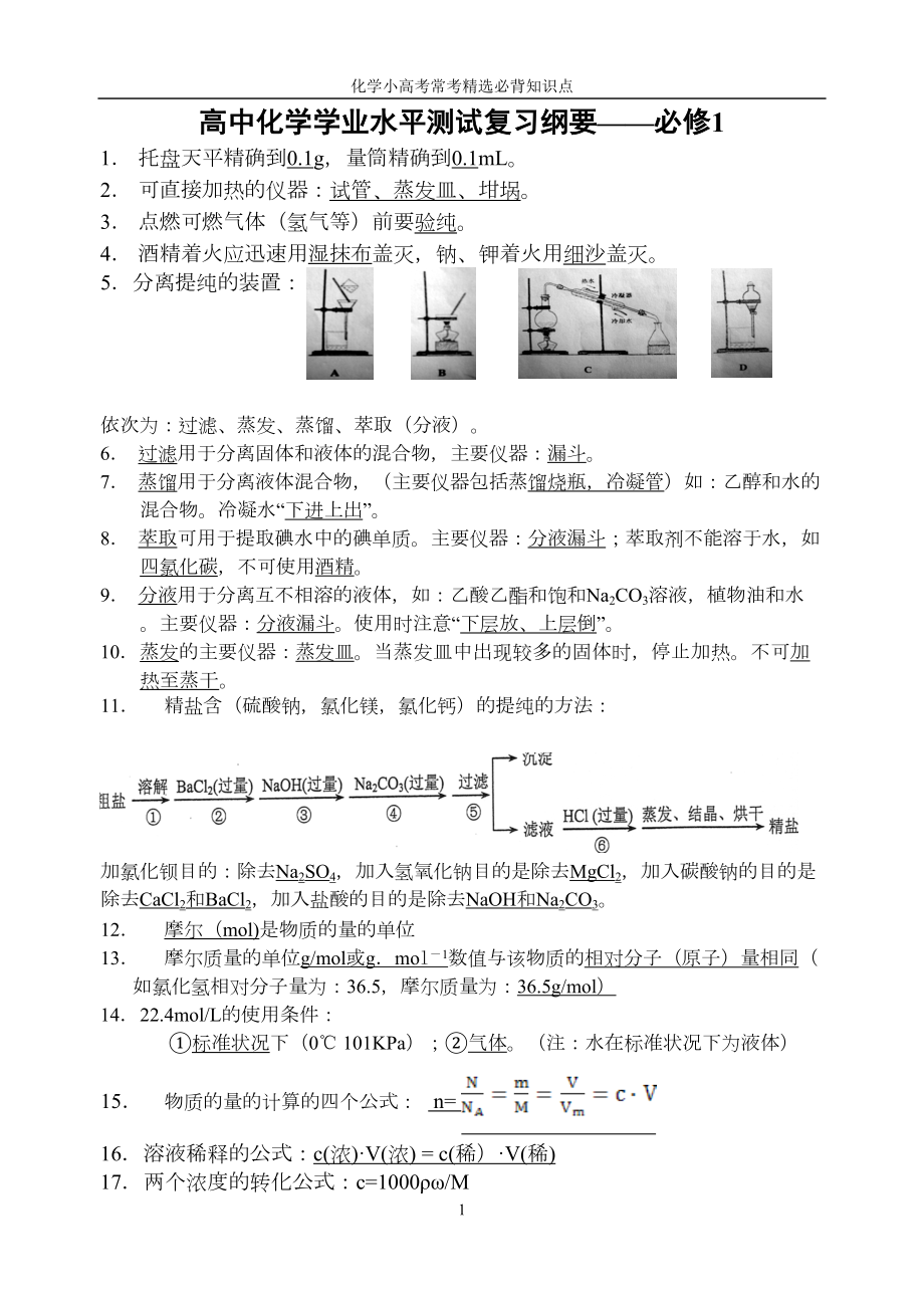 高中化学学业水平测试常考必背知识点学习资料(DOC 13页).doc_第1页