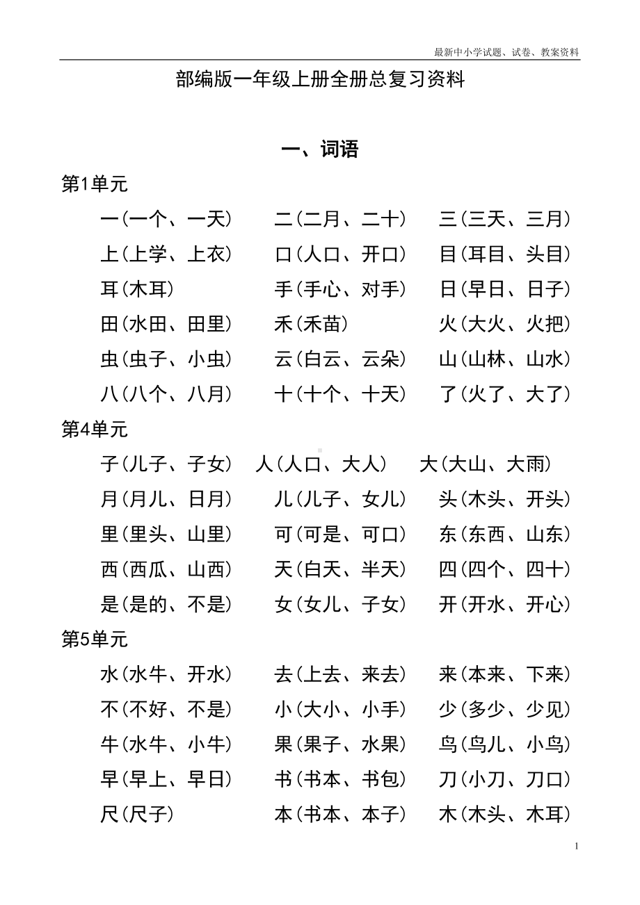 部编人教版小学语文一年级下册：全册总复习资料(DOC 10页).doc_第1页