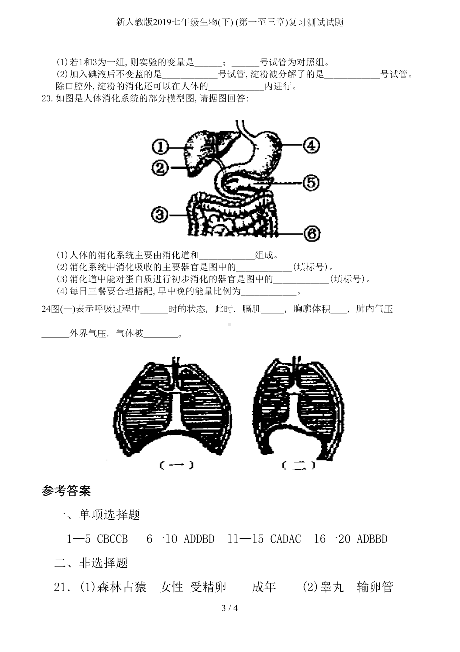 新人教版2019七年级生物(下)-(第一至三章)复习测试试题(DOC 4页).docx_第3页