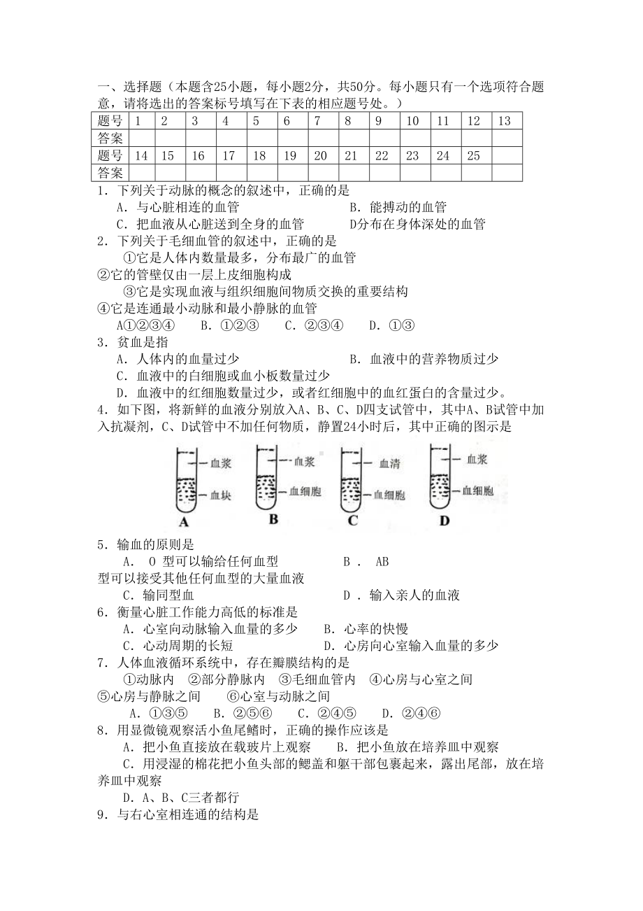 苏科版八年级生物试卷及答案(DOC 5页).doc_第1页