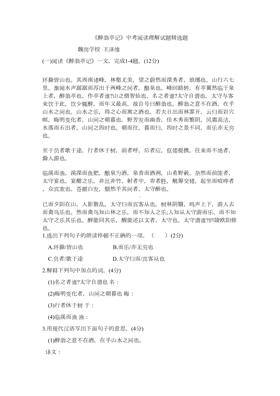 醉翁亭记中考试题集锦(附答案)(DOC 19页).docx_第1页