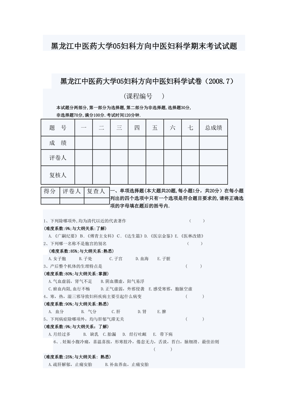 黑龙江XX大学05妇科方向中医妇科学期末考试试题(DOC 6页).doc_第1页