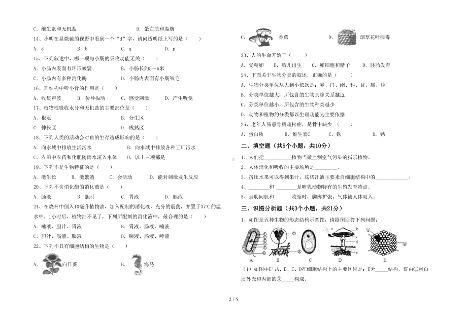 苏科版七年级生物(下册)期末试卷及答案(真题)(DOC 5页).doc_第2页