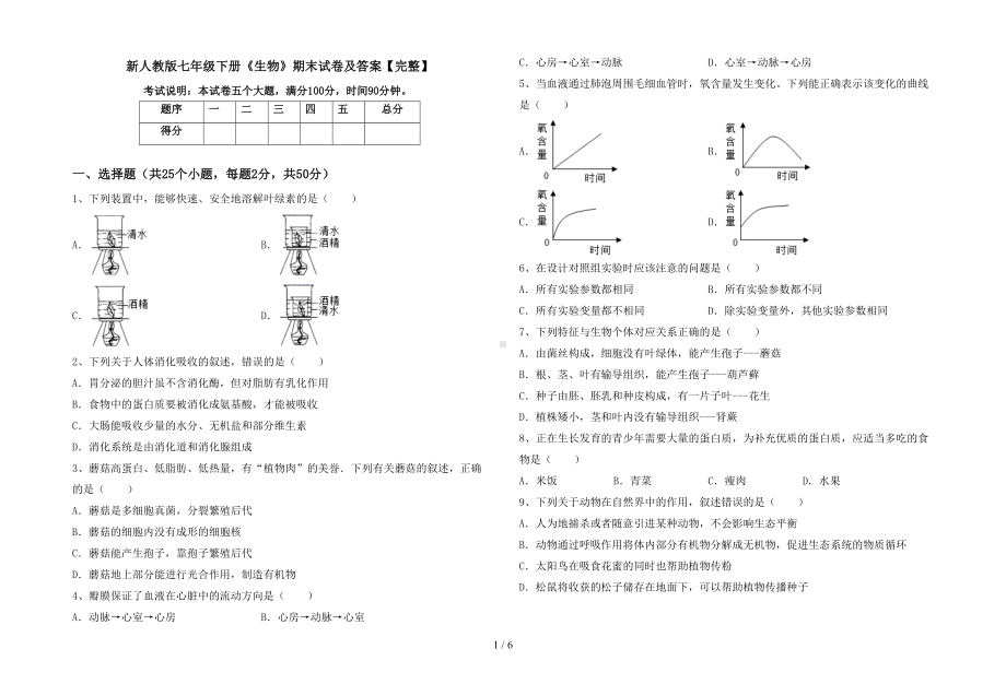 新人教版七年级下册《生物》期末试卷及答案（完整）(DOC 6页).doc_第1页