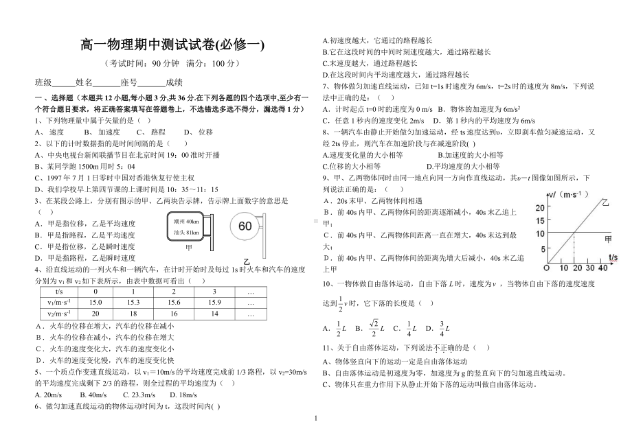 高一物理期中测试试卷(含答案)(DOC 5页).doc_第1页