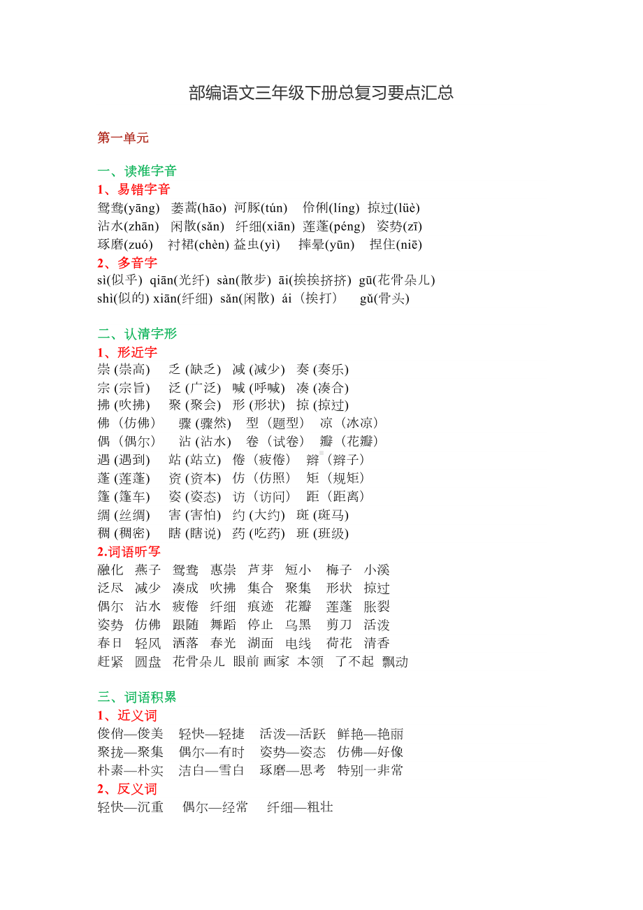 部编版三年级语文下册总复习要点汇总(DOC 19页).docx_第1页