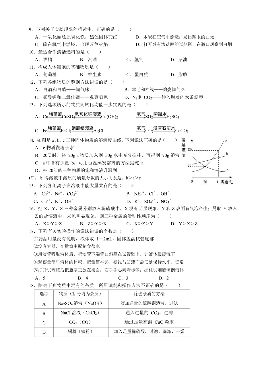 江苏省某中学2020年中考二模化学试卷(Word版无答案)(DOC 6页).docx_第2页