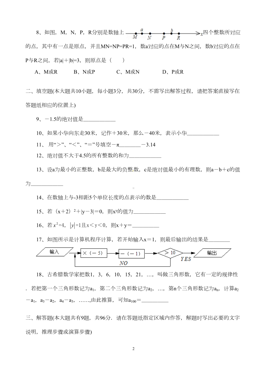 苏教版七年级上册数学第二章有理数测试卷(含答案)(DOC 6页).doc_第2页