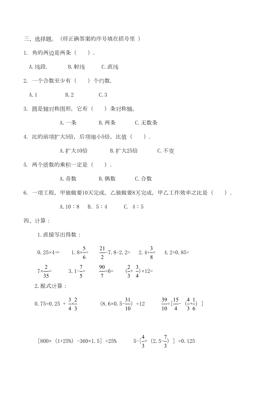 苏教版六年级数学小升初模拟试题(一)(DOC 5页).docx_第2页