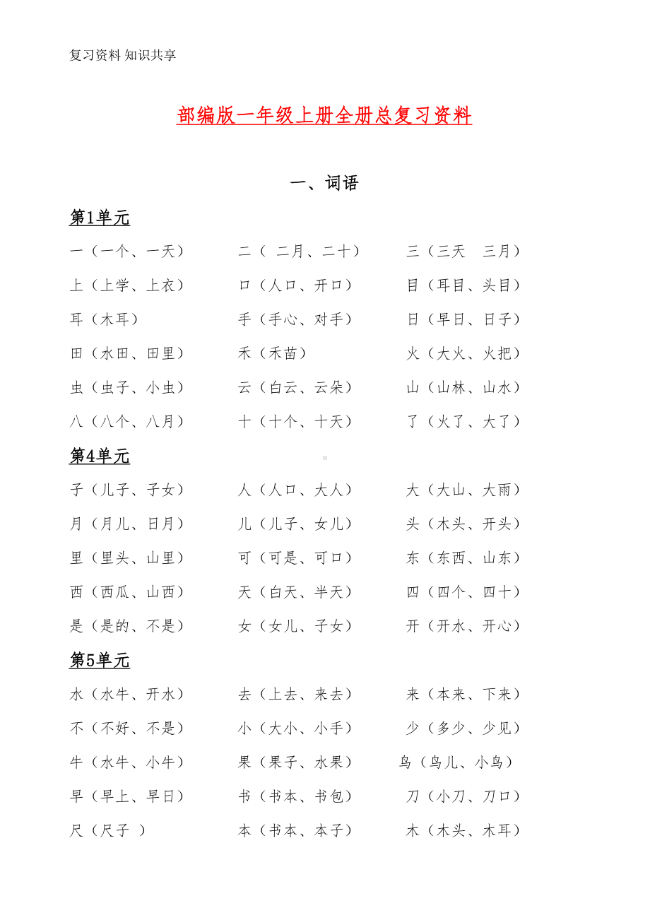 部编版一年级语文上册期末复习资料(全册)(DOC 6页).doc_第1页