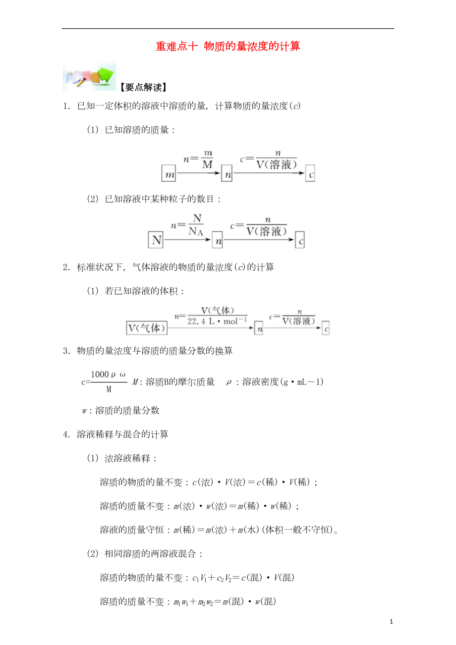 高中化学-第一章-从实验学化学-重难点十-物质的量浓度的计算(含解析)新人教版必修11(DOC 7页).doc_第1页