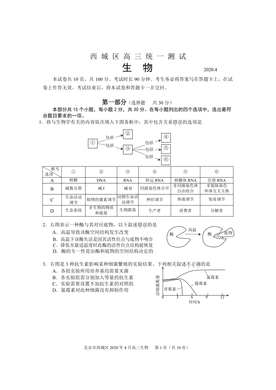 西城区2020年高三一模生物试卷(含答案)(DOC 13页).docx_第1页