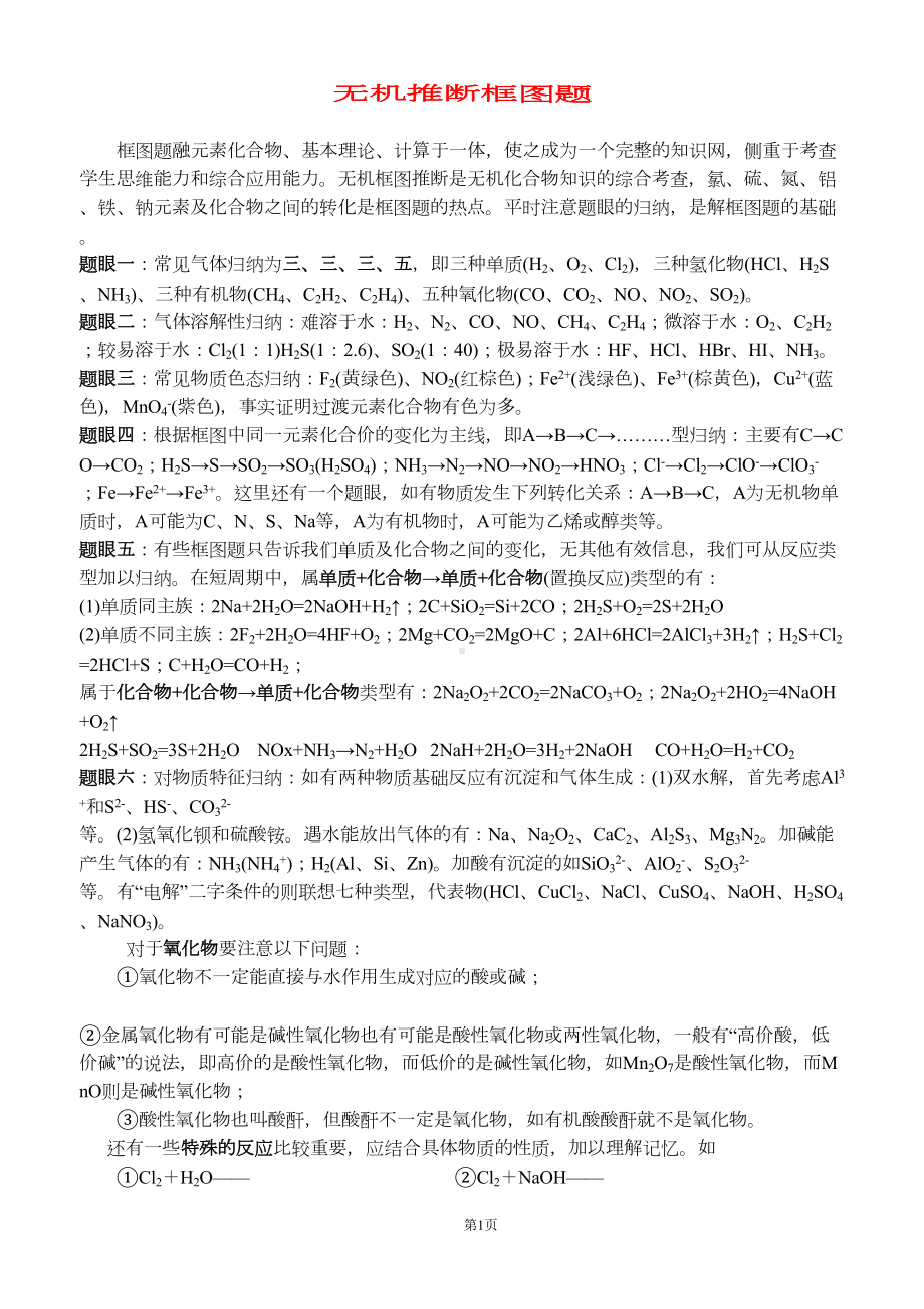 高中化学无机推断框图题及答案汇总(DOC 11页).doc_第1页