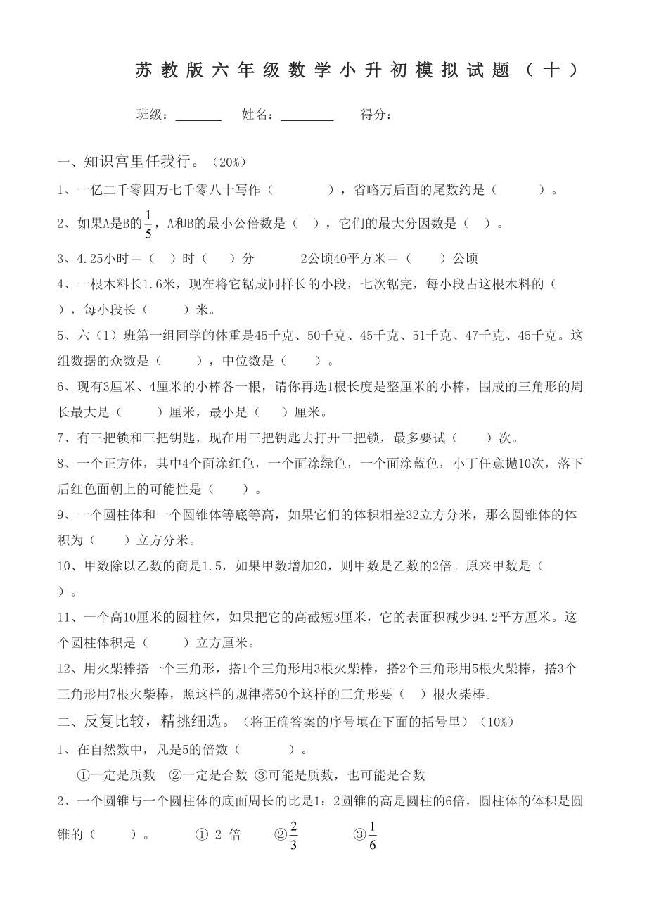 苏教版六年级数学小升初模拟试题十含答案(DOC 8页).doc_第1页