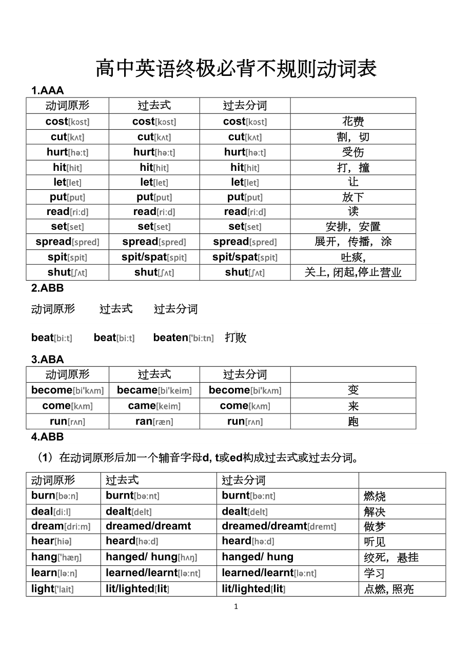 高中英语终极必背不规则动词表解析(DOC 9页).doc_第1页