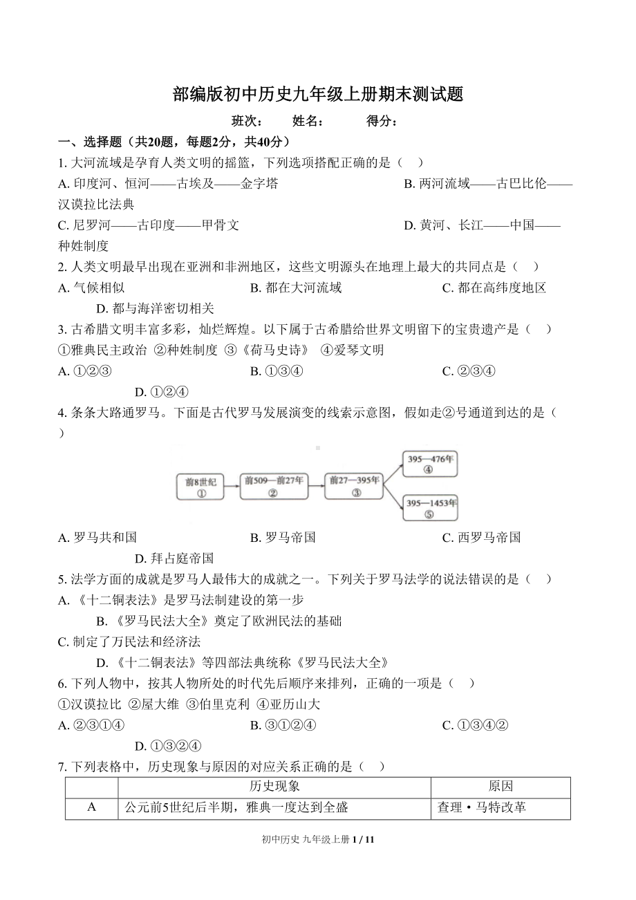 部编版初中历史九年级上册期末测试题(二)附答案)(DOC 11页).docx_第1页