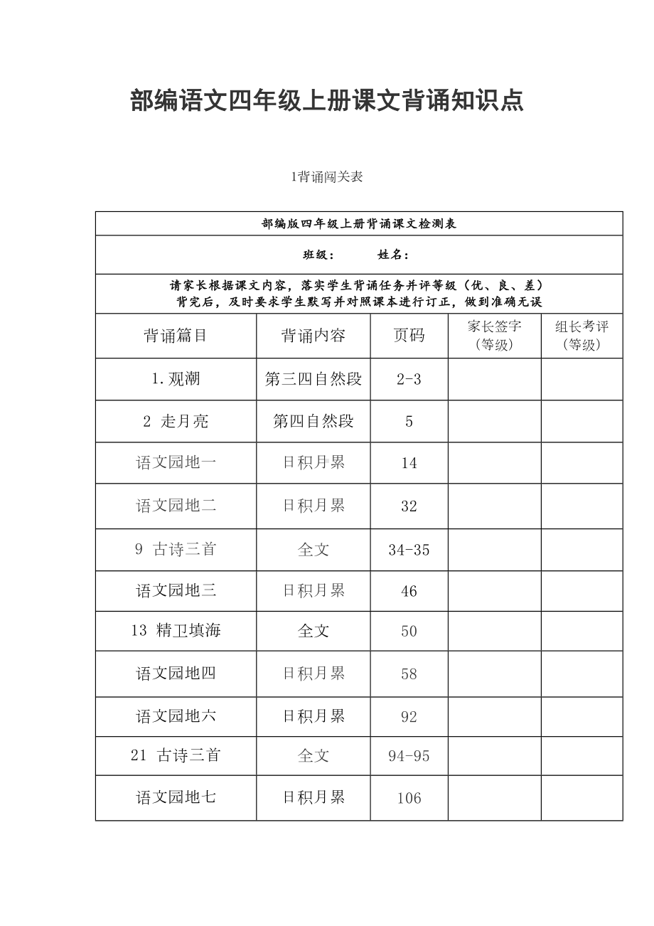 部编语文四年级上册课文背诵知识点(DOC 4页).doc_第1页