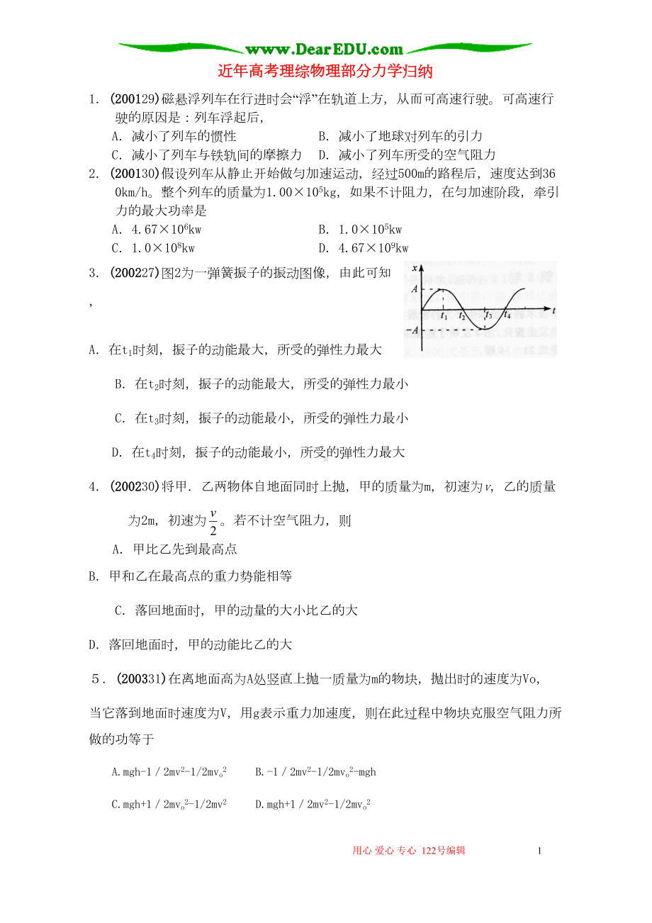 近年高考理综物理部分力学归纳(DOC 8页).doc_第1页