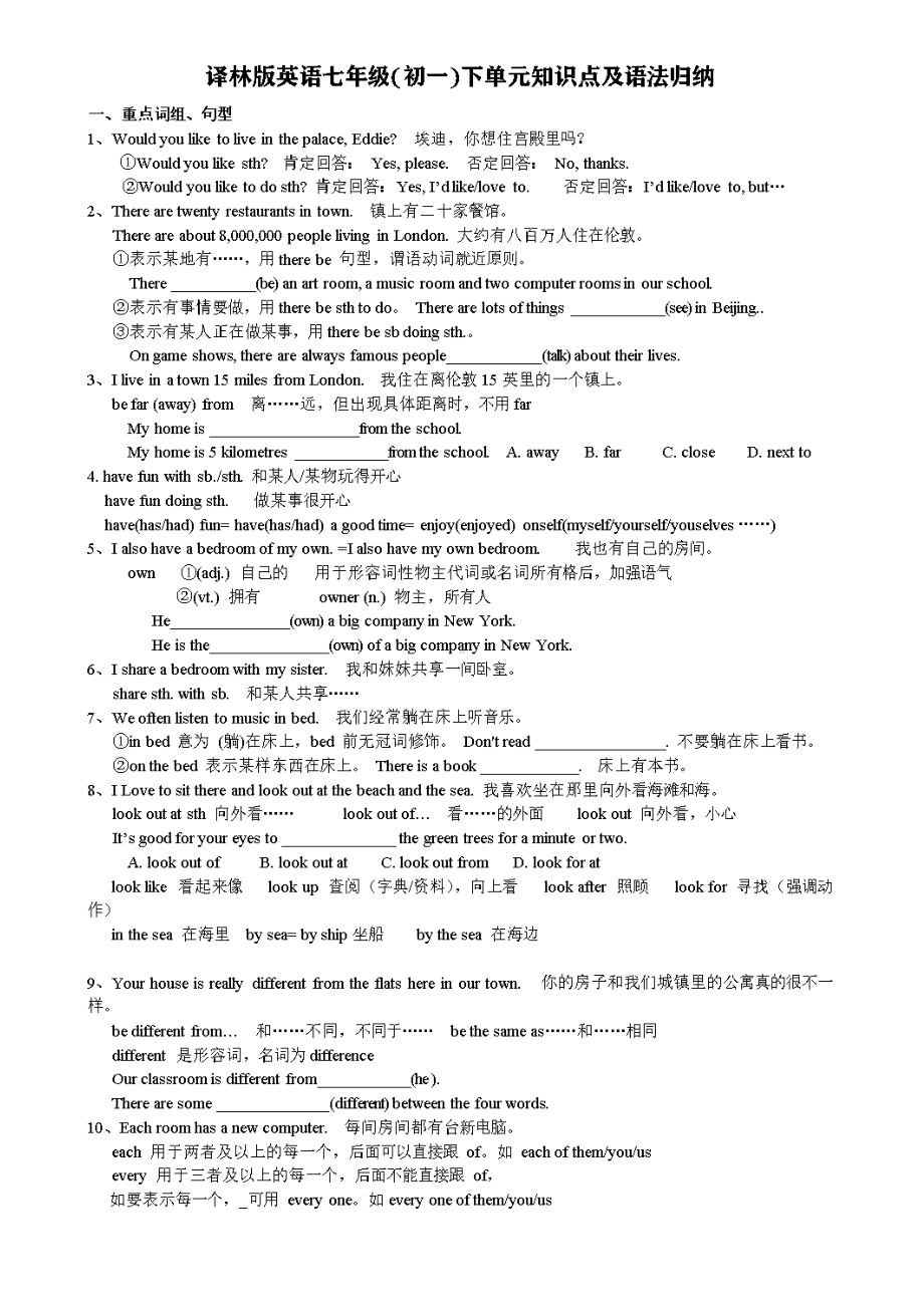 译林版英语七年级初一下单元知识点及语法归纳(DOC 17页).docx_第1页